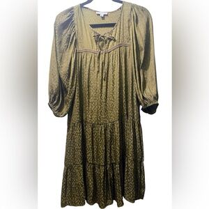 Ophelia Roe~Women’s MIDI Dress Olive Green Subtle Pattern NWT